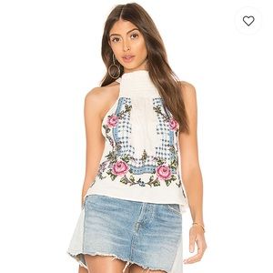 FREE PEOPLE HONEY PIE EMBROIDERED‎ FLORAL SLEEVELESS HALTER TOP Boho Cottagecore